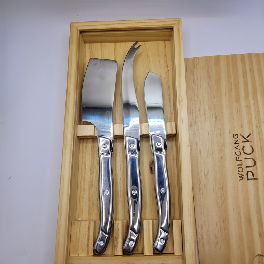 Wolfgang Puck 3 Piece Stainless Steel Cheese Knife Set with Wooden Storage Box
